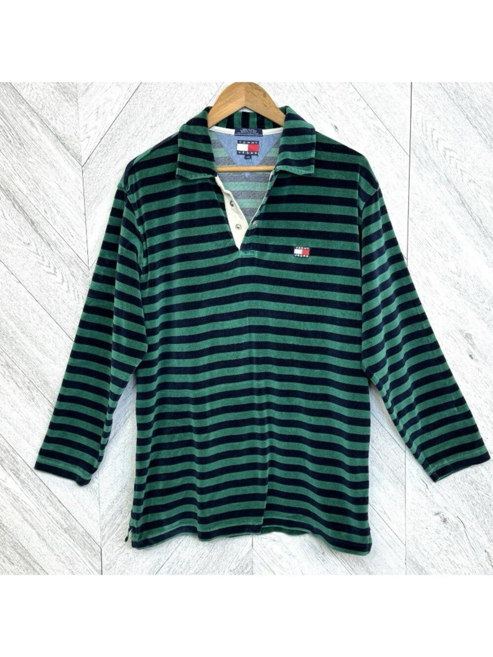 Vintage 90s Y2K Tommy Jeans Velour Rugby Polo Shirt Medium Green Navy Striped